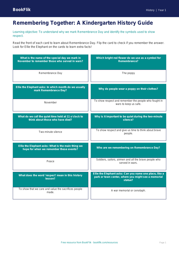 Free Remembrance Day Flashcards | Kindergarten | History | BookFlik worksheet preview — History Remembrance Day