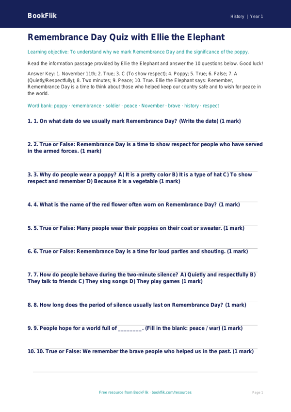Free Remembrance Day Quiz | Kindergarten | History | BookFlik worksheet preview — History Remembrance Day