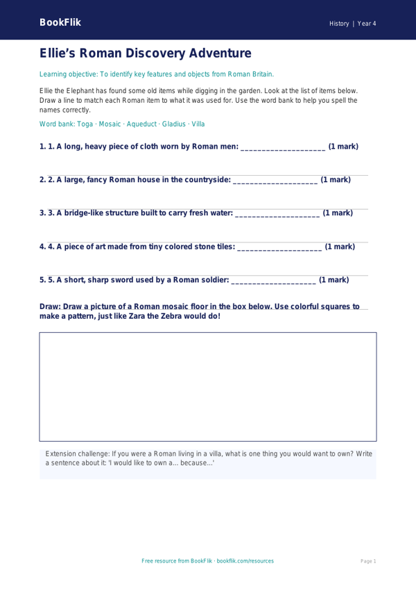 Free Romans Activity Sheet | Grade 3 | History | BookFlik worksheet preview — History Romans