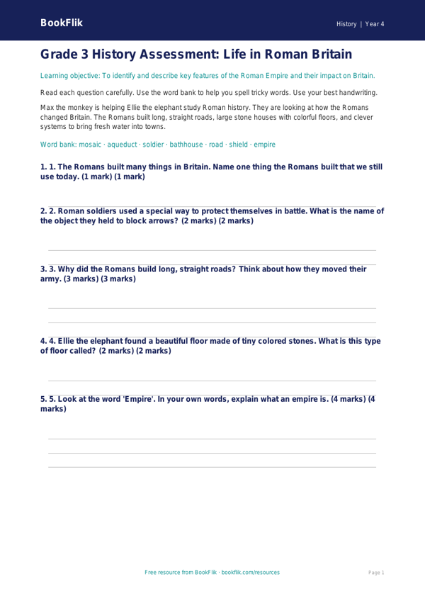 Free Romans Assessment | Grade 3 | History | BookFlik worksheet preview — History Romans