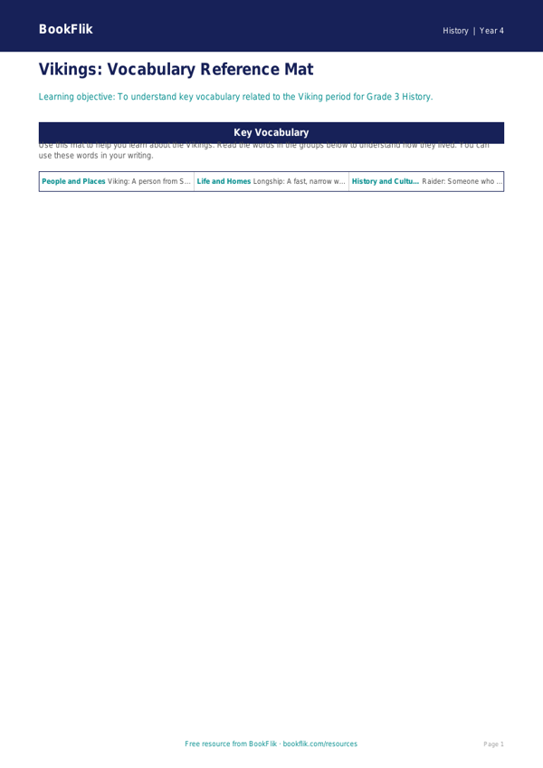 Free Vikings Word Mat | Grade 3 | History | BookFlik worksheet preview — History Vikings