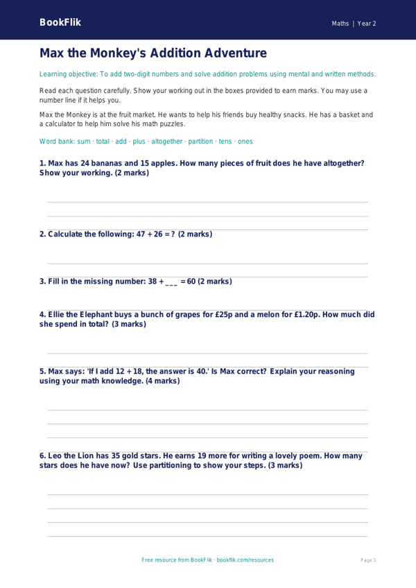 Free Addition Assessment | Grade 1 | Math | BookFlik worksheet preview — Maths Addition