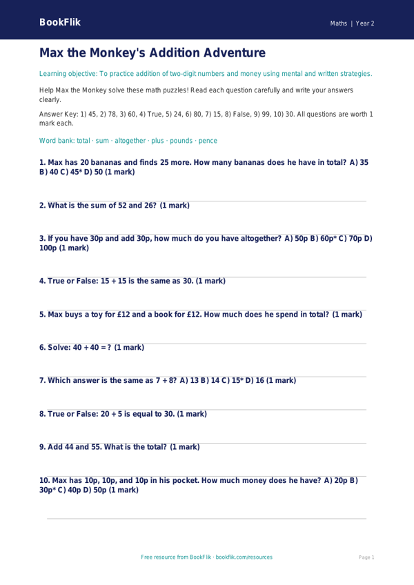 Free Addition Quiz | Grade 1 | Math | BookFlik worksheet preview — Maths Addition