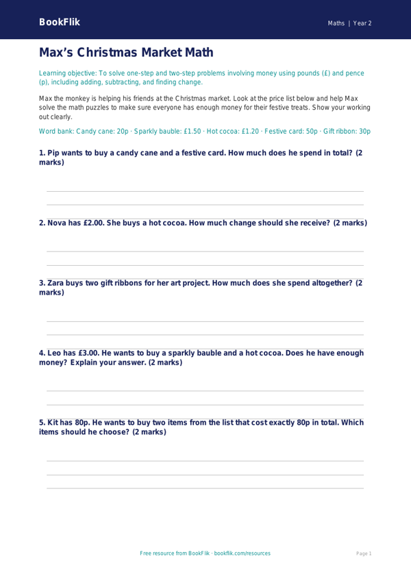 Free Christmas Maths Activity Sheet | Grade 1 | Math | BookFlik worksheet preview — Maths Christmas Maths