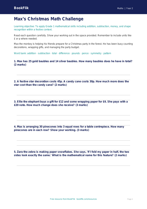 Free Christmas Maths Assessment | Grade 1 | Math | BookFlik worksheet preview — Maths Christmas Maths