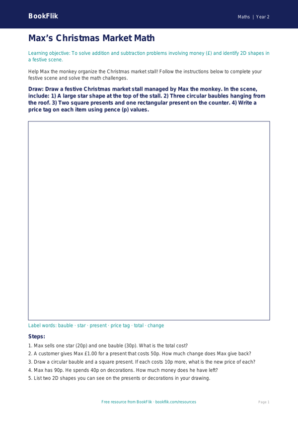 Free Christmas Maths Drawing Sheet | Grade 1 | Math | BookFlik worksheet preview — Maths Christmas Maths