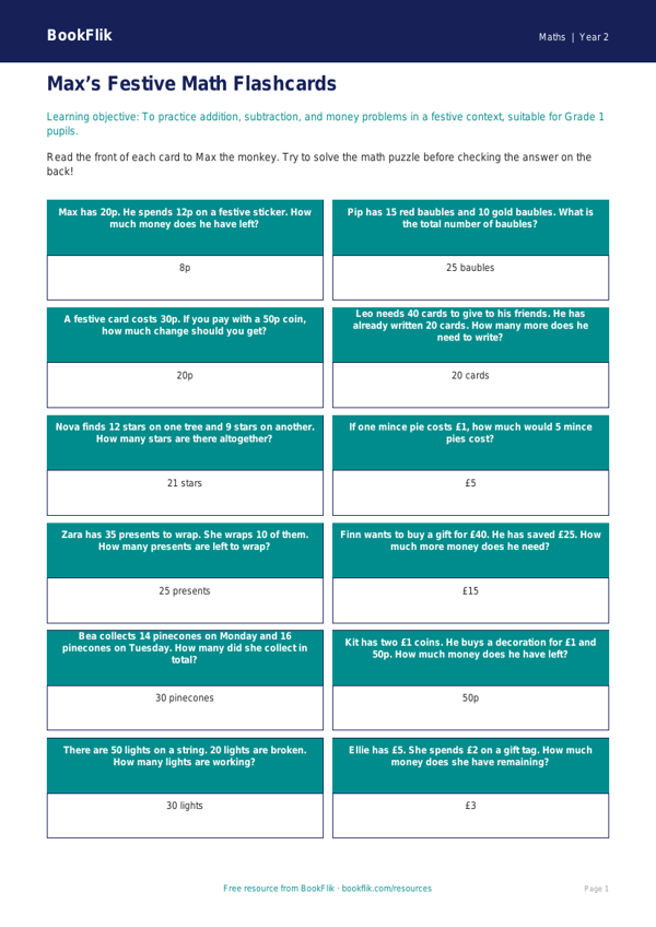 Free Christmas Maths Flashcards | Grade 1 | Math | BookFlik worksheet preview — Maths Christmas Maths
