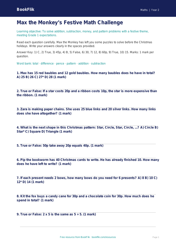 Free Christmas Maths Quiz | Grade 1 | Math | BookFlik worksheet preview — Maths Christmas Maths