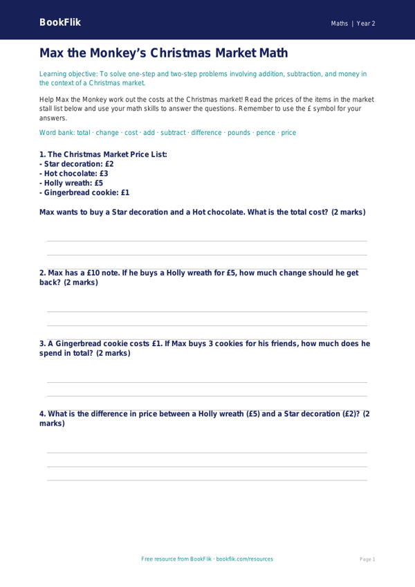 Free Christmas Maths Template | Grade 1 | Math | BookFlik worksheet preview — Maths Christmas Maths