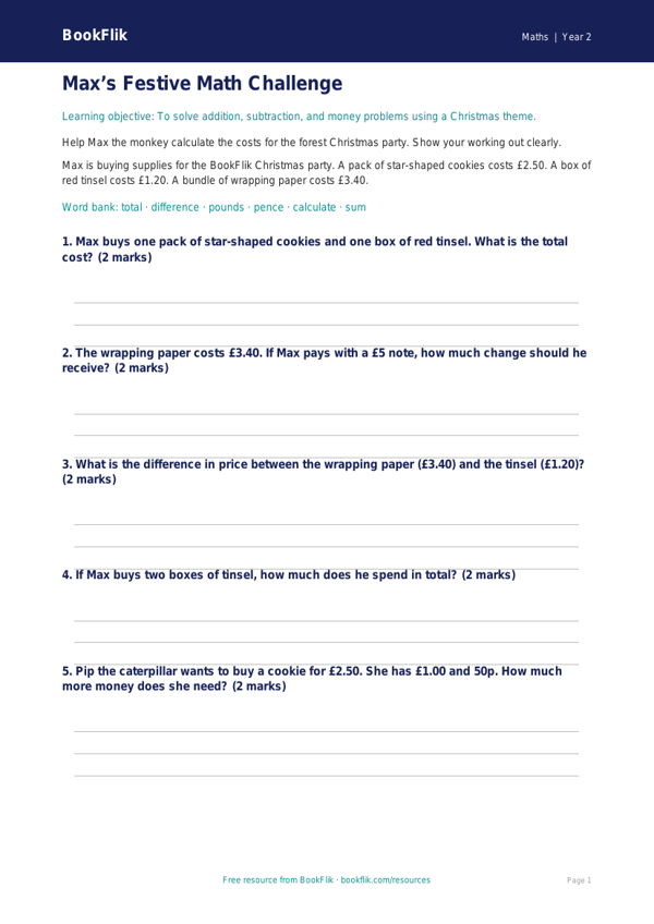 Free Christmas Maths Worksheet | Grade 1 | Math | BookFlik worksheet preview — Maths Christmas Maths