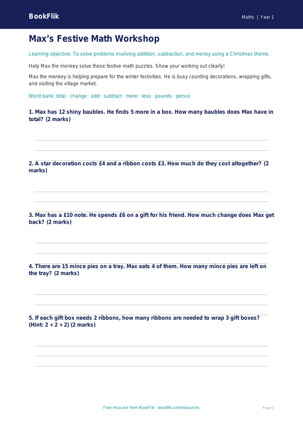 Free Christmas Maths Worksheet | Kindergarten | Math | BookFlik worksheet preview — Maths Christmas Maths