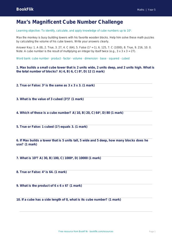 Free Cube Numbers Quiz | Grade 4 | Math | BookFlik worksheet preview — Maths Cube Numbers