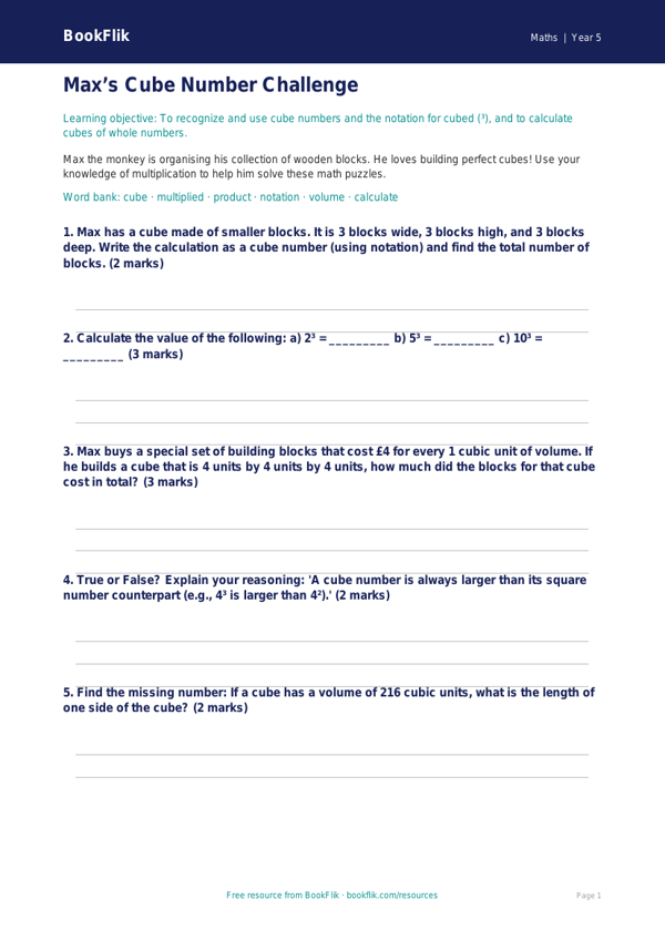Free Cube Numbers Worksheet | Grade 4 | Math | BookFlik worksheet preview — Maths Cube Numbers