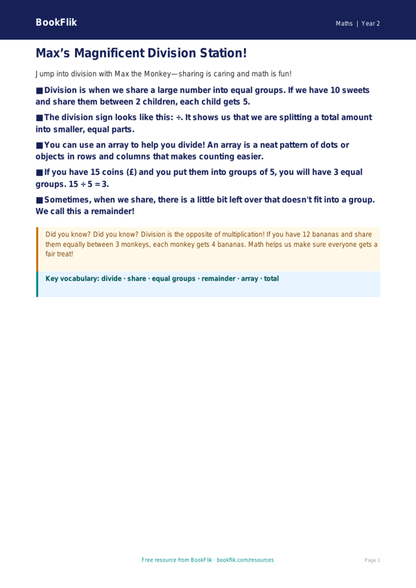 Free Division Poster | Grade 1 | Math | BookFlik worksheet preview — Maths Division