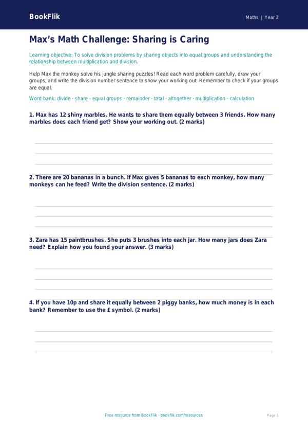 Free Division Template | Grade 1 | Math | BookFlik worksheet preview — Maths Division