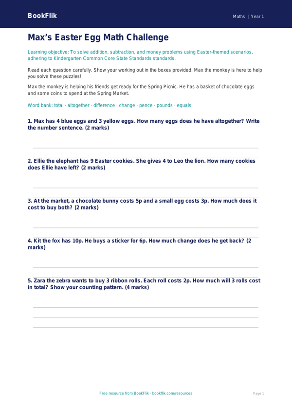 Free Easter Maths Assessment | Kindergarten | Math | BookFlik worksheet preview — Maths Easter Maths