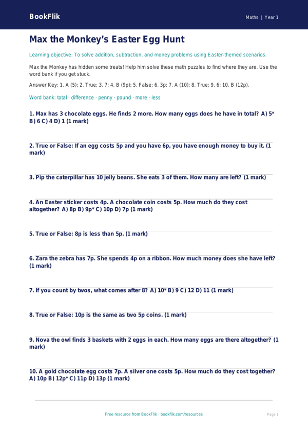 Free Easter Maths Quiz | Kindergarten | Math | BookFlik worksheet preview — Maths Easter Maths