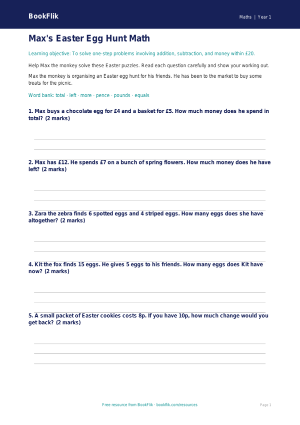 Free Easter Maths Worksheet | Kindergarten | Math | BookFlik worksheet preview — Maths Easter Maths