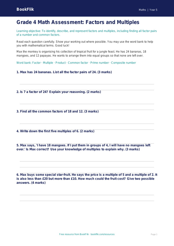Free Factors And Multiples Assessment | Grade 4 | Math | BookFlik worksheet preview — Maths Factors And Multiples
