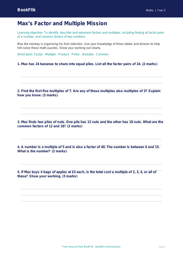 Free Factors And Multiples Worksheet | Grade 4 | Math | BookFlik worksheet preview — Maths Factors And Multiples