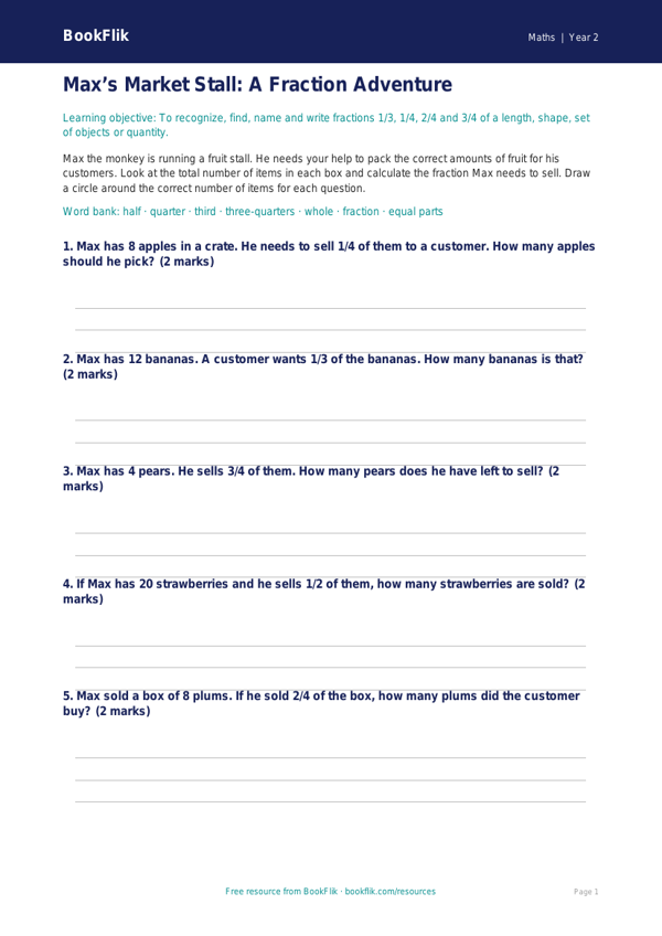 Free Fractions Activity Sheet | Grade 1 | Math | BookFlik worksheet preview — Maths Fractions