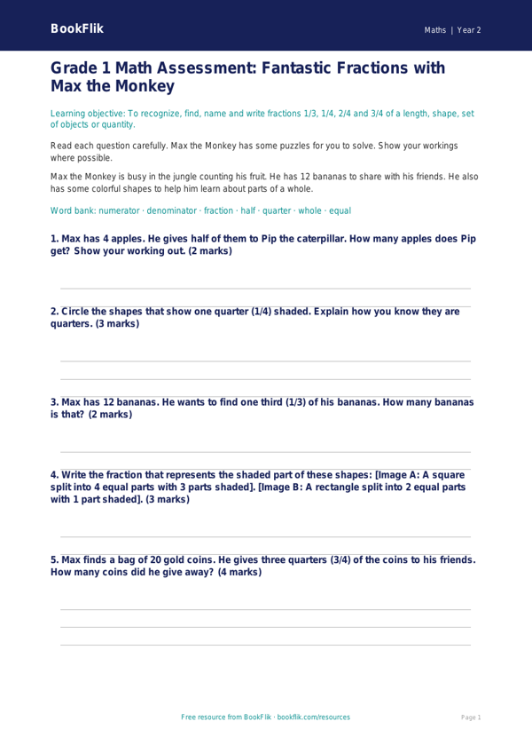 Free Fractions Assessment | Grade 1 | Math | BookFlik worksheet preview — Maths Fractions