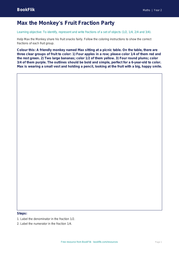 Free Fractions Colouring Page | Grade 1 | Math | BookFlik worksheet preview — Maths Fractions