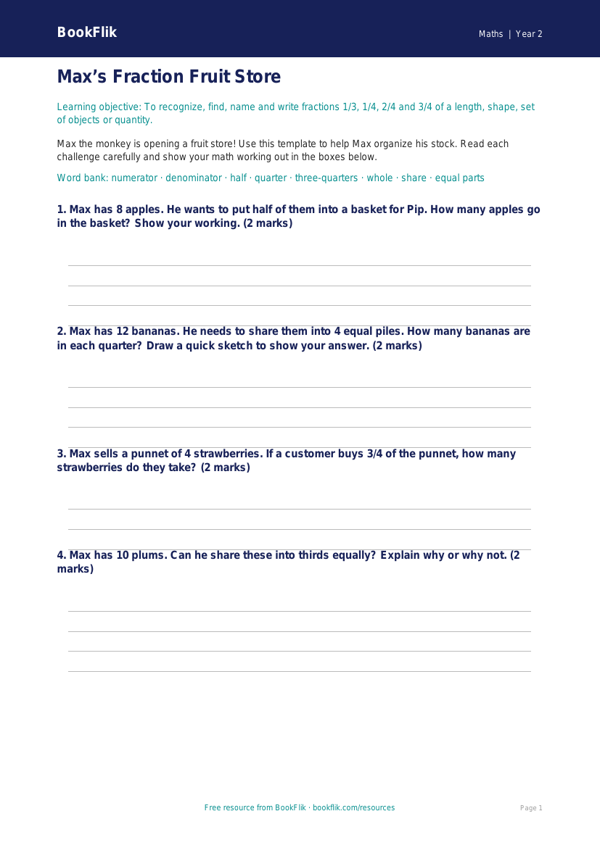 Free Fractions Template | Grade 1 | Math | BookFlik worksheet preview — Maths Fractions