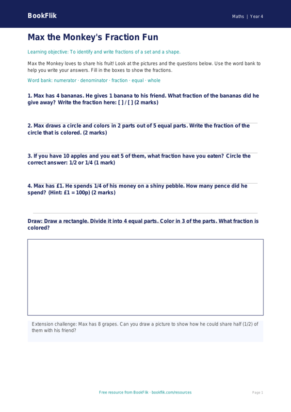 Free Fractions Worksheet | Grade 3 | Math | BookFlik worksheet preview — Maths Fractions