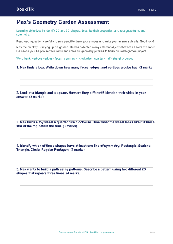 Free Geometry Assessment | Grade 1 | Math | BookFlik worksheet preview — Maths Geometry