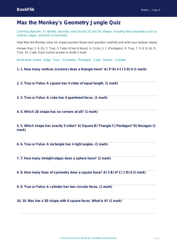 Free Geometry Quiz | Grade 1 | Math | BookFlik worksheet preview — Maths Geometry