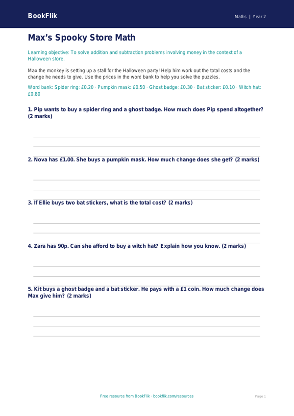 Free Halloween Maths Activity Sheet | Grade 1 | Math | BookFlik worksheet preview — Maths Halloween Maths