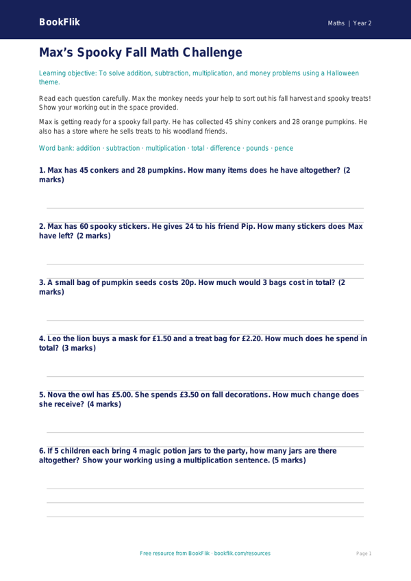 Free Halloween Maths Assessment | Grade 1 | Math | BookFlik worksheet preview — Maths Halloween Maths