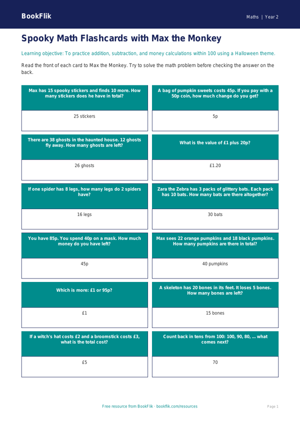 Free Halloween Maths Flashcards | Grade 1 | Math | BookFlik worksheet preview — Maths Halloween Maths