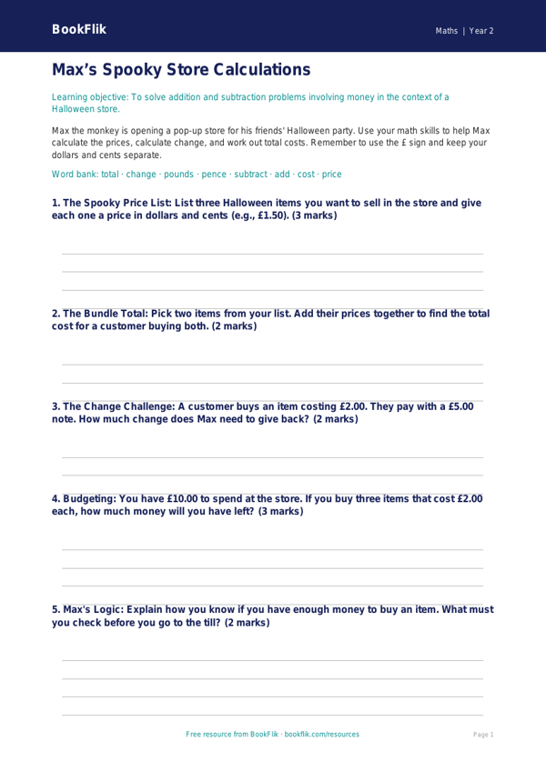 Free Halloween Maths Template | Grade 1 | Math | BookFlik worksheet preview — Maths Halloween Maths