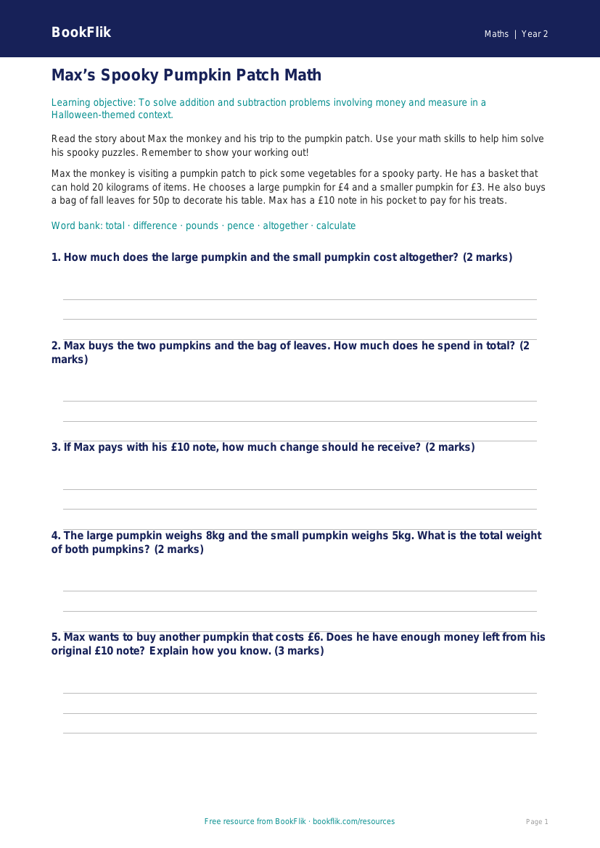 Free Halloween Maths Track Sheet | Grade 1 | Math | BookFlik worksheet preview — Maths Halloween Maths