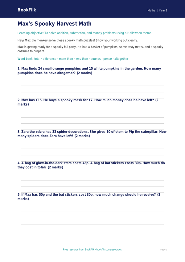 Free Halloween Maths Worksheet | Grade 1 | Math | BookFlik worksheet preview — Maths Halloween Maths