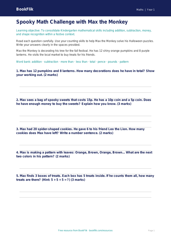 Free Halloween Maths Assessment | Kindergarten | Math | BookFlik worksheet preview — Maths Halloween Maths