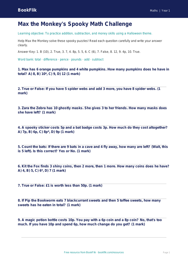 Free Halloween Maths Quiz | Kindergarten | Math | BookFlik worksheet preview — Maths Halloween Maths