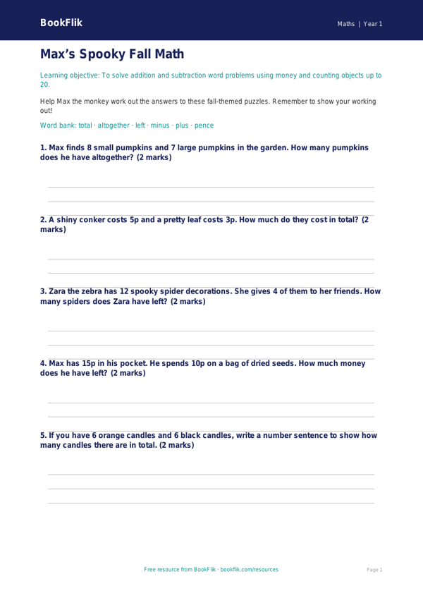 Free Halloween Maths Worksheet | Kindergarten | Math | BookFlik worksheet preview — Maths Halloween Maths