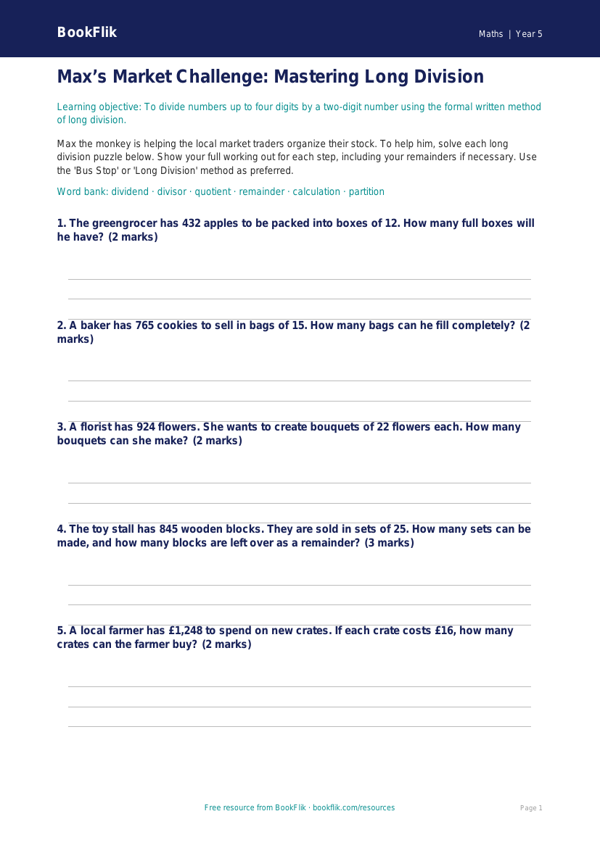 Free Long Division Activity Sheet | Grade 4 | Math | BookFlik worksheet preview — Maths Long Division
