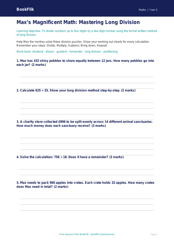 Free Long Division Worksheet | Grade 4 | Math | BookFlik worksheet preview — Maths Long Division