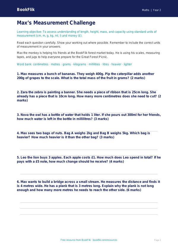 Free Measurement Assessment | Grade 1 | Math | BookFlik worksheet preview — Maths Measurement
