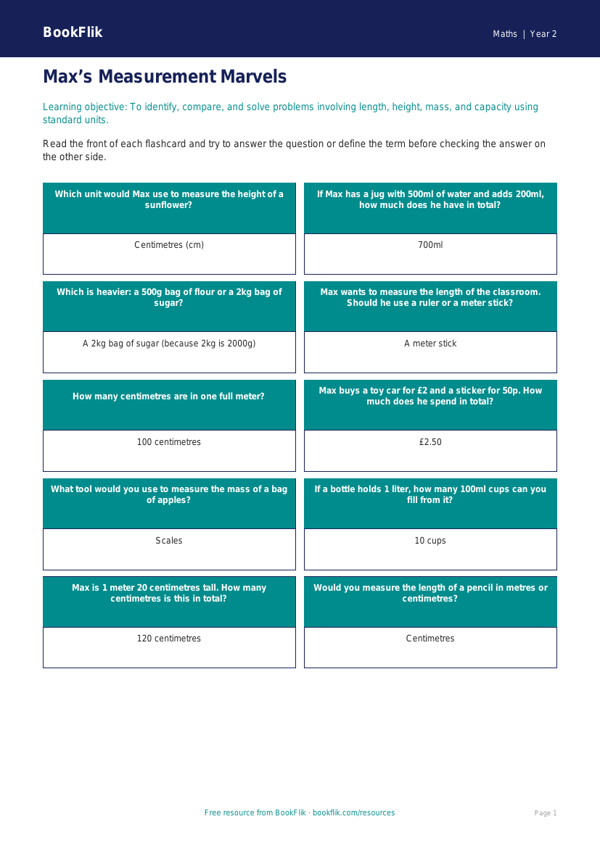 Free Measurement Flashcards | Grade 1 | Math | BookFlik worksheet preview — Maths Measurement