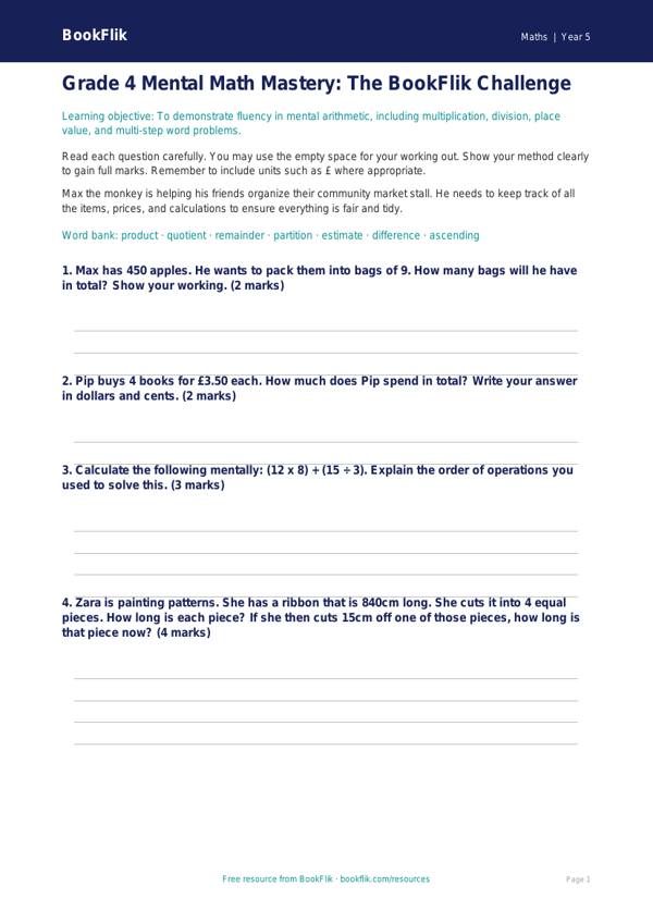 Free Mental Maths Assessment | Grade 4 | Math | BookFlik worksheet preview — Maths Mental Maths