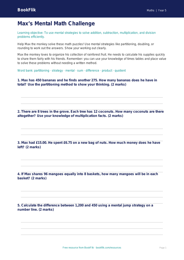 Free Mental Math Worksheet | Grade 4 Common Core | BookFlik worksheet preview — Maths Mental Maths