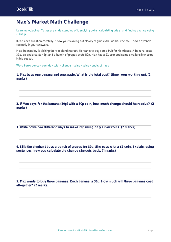 Free Money Assessment | Grade 1 | Math | BookFlik worksheet preview — Maths Money