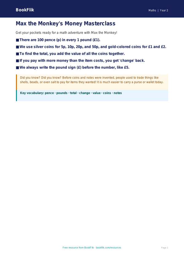 Free Money Poster | Grade 1 | Math | BookFlik worksheet preview — Maths Money