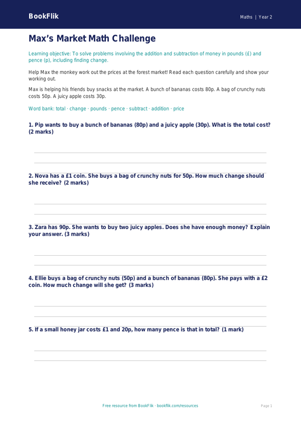 Free Money Worksheet | Grade 1 | Math | BookFlik worksheet preview — Maths Money