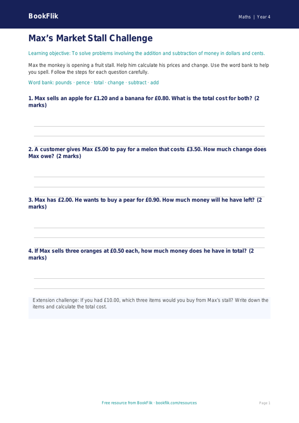 Free Money Template | Grade 3 | Math | BookFlik worksheet preview — Maths Money